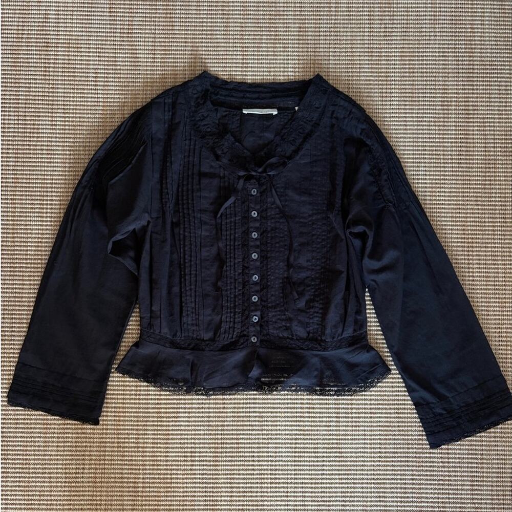 Doen Hillock Cotton Lace V Neck Button Ruffle Pintuck Trim Long Sleeve Top Black